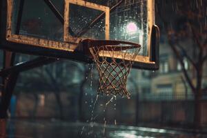 un' pallacanestro netto è bagnato e il palla è mancante foto