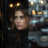 carino ragazza guardare su il bar finestra indossare nero maglione, ai foto