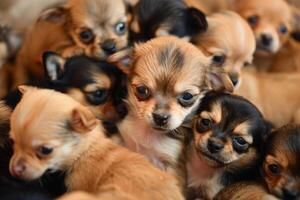 un' mazzo di chihuahua cuccioli nel un' morbido soffice lenzuolo. carino cani vicino per ogni altro foto