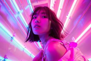 un asiatico ragazza nel luminosa Abiti pose per il telecamera nel un' neon camera. vibrazione parti foto