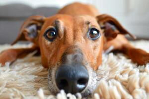 il cane sembra a il telecamera. avvicinamento tiro di il museruola foto