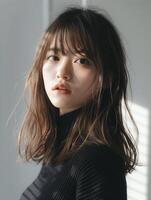 giapponese moda modello ragazza con Marrone capelli scoppi, ai foto