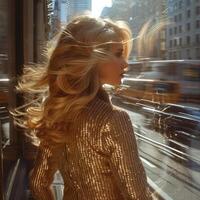 bionda moda ragazza oro vestito cardigan a piedi vicino finestra appartamento, ai foto