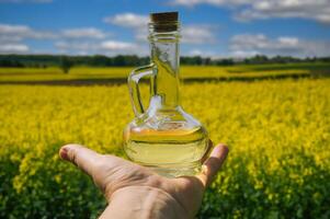 mano Tenere un' bicchiere bottiglia pieno con giallo colza olio foto