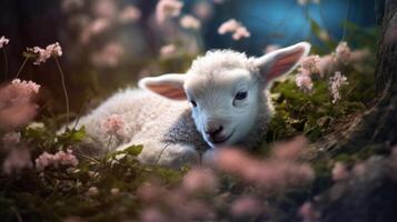 carino addormentato agnello nel foresta con fiori selvatici, ai foto