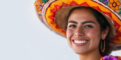 giovane fiducioso messicano donna con un' sombrero sorridente con copia spazio. etnico tradizionale vestito, Messico cultura, naturale bellezza, gioioso positivo concetto foto