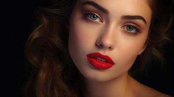 femmina modello con rosso labbra fascino, ai foto