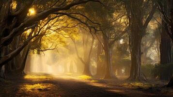 foresta alberi autunno nebbioso mattina nebbia, ai foto