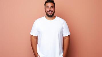 gioioso giovane ispanico più dimensione corpo positivo maschio uomo ragazzo tipo 30s nel bianca vuoto design casuale maglietta in posa colore sfondo studio ritratto, ai foto