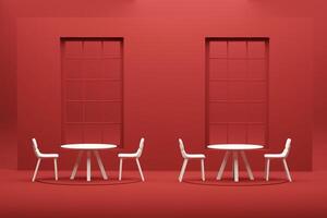 interno di il camera nel pianura monocromatico rosso colore con grande finestra, tavolo e sedie. foto