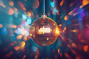 un' discoteca palla è sospeso a partire dal il soffitto a festa, riflettendo il luci foto