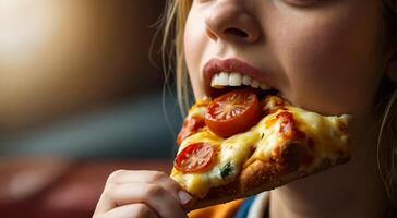 ragazza mangiare Pizza vicino su foto