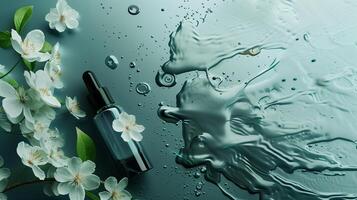 superiore Visualizza di un' buio verde cosmetico liquido Prodotto con bianca fiori e le foglie su un' grigio sfondo. foto