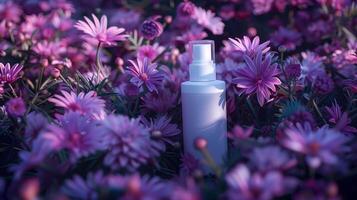un' crema bottiglia su un' fiore letto pieno di più scuro e leggero viola fiori. foto