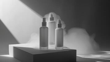 minimalista cura della pelle nel bianca e trasparente plastica bottiglie circondato di nebbioso. foto