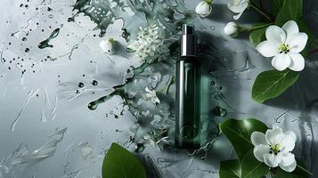 superiore Visualizza di un' buio verde cosmetico liquido Prodotto con bianca fiori e le foglie su un' grigio sfondo. foto