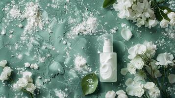 superiore Visualizza di un' buio verde cosmetico liquido Prodotto con bianca fiori e le foglie su un' grigio sfondo. foto