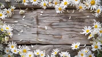 un' sfondo di vivace bianca margherite sparpagliato in giro un' rustico di legno superficie. foto