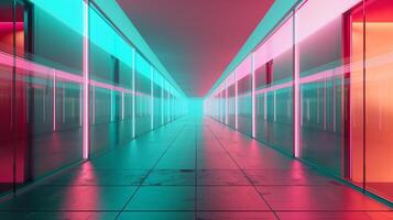 un' lungo corridoio con bicchiere muri, blu e rosa neon luce, futuristico architettura. foto