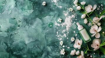 superiore Visualizza di un' buio verde cosmetico liquido Prodotto con bianca fiori e le foglie su un' grigio sfondo. foto