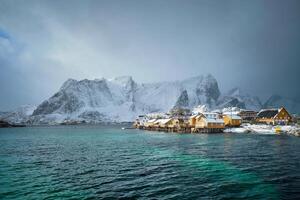 giallo rorbu case, lofoten isole, Norvegia foto