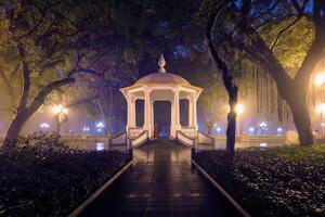 Guangzhou persone parco con nebbia a notte, Cina foto