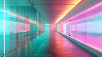 un' lungo corridoio con bicchiere muri, blu e rosa neon luce, futuristico architettura. foto