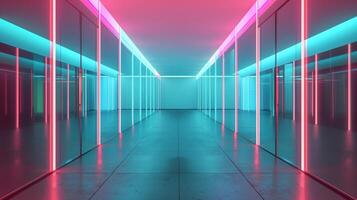 un' lungo corridoio con bicchiere muri, blu e rosa neon luce, futuristico architettura. foto