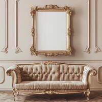 un' Vintage ▾, antico telaio con intricato oro dettagliare si blocca su il parete sopra un' felpa velluto divano. foto