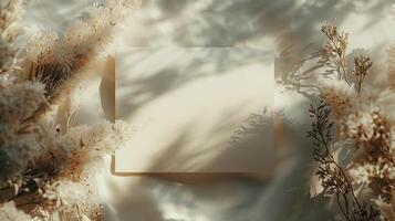 un' leggero bianca e leggero Marrone vuoto invito modello con secco fiori e molti ombre. foto