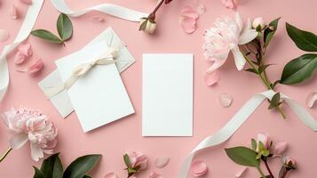un' nozze invito con fiori e nastro su un' rosa sfondo. foto