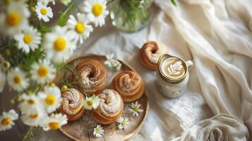 un' cannella rotoli e caffè su tavolo, circondato di margherite nel ceramica vasi. foto