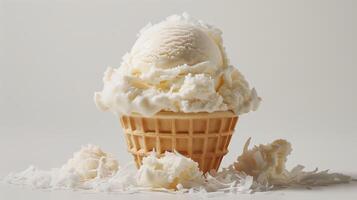 un' bianca ghiaccio crema coppa di gelato guarnita nel un' cialda tazza, sormontato con Noce di cocco fiocchi, su un' pianura bianca sfondo. foto