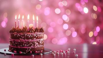 un' compleanno cioccolato strato torta con candele e rosa sfondo. foto