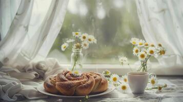 un' cannella rotoli e caffè su tavolo, circondato di margherite nel ceramica vasi. foto