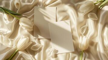 Due bianca cartoline con piccolo bianca tulipani e fiore petali in giro su un' baige sfondo. foto