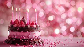 un' compleanno cioccolato strato torta con candele e rosa sfondo. foto
