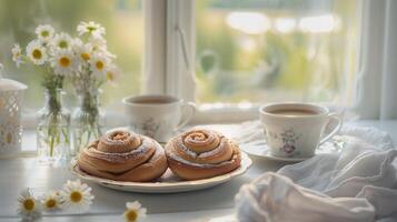 un' cannella rotoli e caffè su tavolo, circondato di margherite nel ceramica vasi. foto