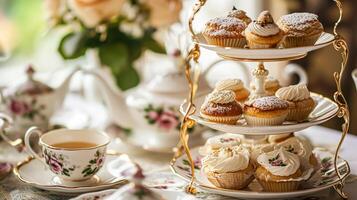 delizioso pomeriggio tè con torte e pasticcini foto