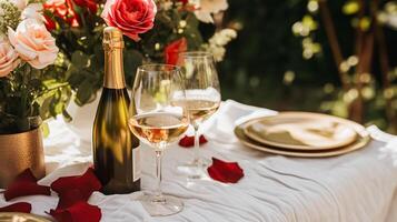 nozze e evento celebrazione tablescape con fiori, formale cena tavolo ambientazione con Rose e vino, elegante floreale tavolo arredamento per cena festa e vacanza decorazione, casa messa in piega foto