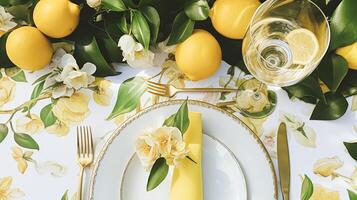 nozze o formale cena vacanza celebrazione tablescape con limoni e fiori nel il inglese campagna giardino Limone albero, casa messa in piega foto