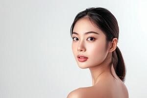 dal volto fresco asiatico bellezza chiaro pelle, buio capelli su bianca sfondo, viso cura, facciale trattamento, cosmetici, cosmetologia, bellezza e terme, asiatico donne ritratto. foto