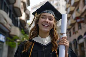 contento alunno ragazza laurea alto scuola, festeggiare accademico risultato, la laurea 2024, formazione scolastica foto