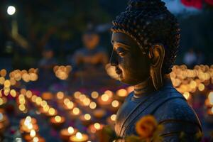 Vesak giorno concetto, di buddha silhouette contro ardente candele su il sfondo. Budda purnima giorno. foto