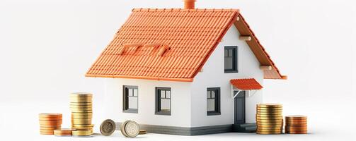 casa risparmi e investimento simboleggiato di un' piccolo Casa e crescente moneta pile, evidenziazione inteligente finanziario strategie nel immobili foto