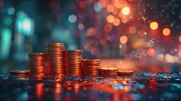 urbano finanza concetto con pile di monete illuminato di bokeh città luci, raffigurante economico crescita foto