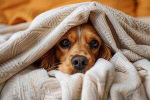 accogliente inglese cocker spaniel rannicchiato nel un' morbido coperta al chiuso, un' momento di serenità foto