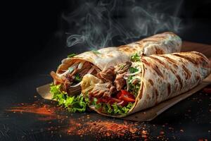 succulento grigliato shawarma avvolgere brulicante con fresco ingredienti - un' sostanzioso pasto in qualsiasi momento foto