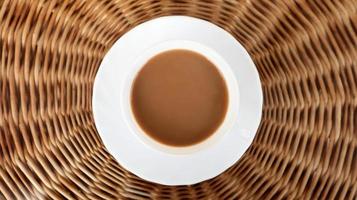 tazza di caffè su sfondo di vimini vista dall'alto. caffè aromatico caldo con latte. la bevanda preparata al momento viene servita in una tazza moderna su un tavolo di vimini chiaro foto