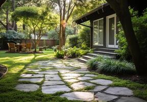 bellissimo dettaglio di Giardino dietro la casa e giardino con pietra marciapiede per accesso il Casa foto